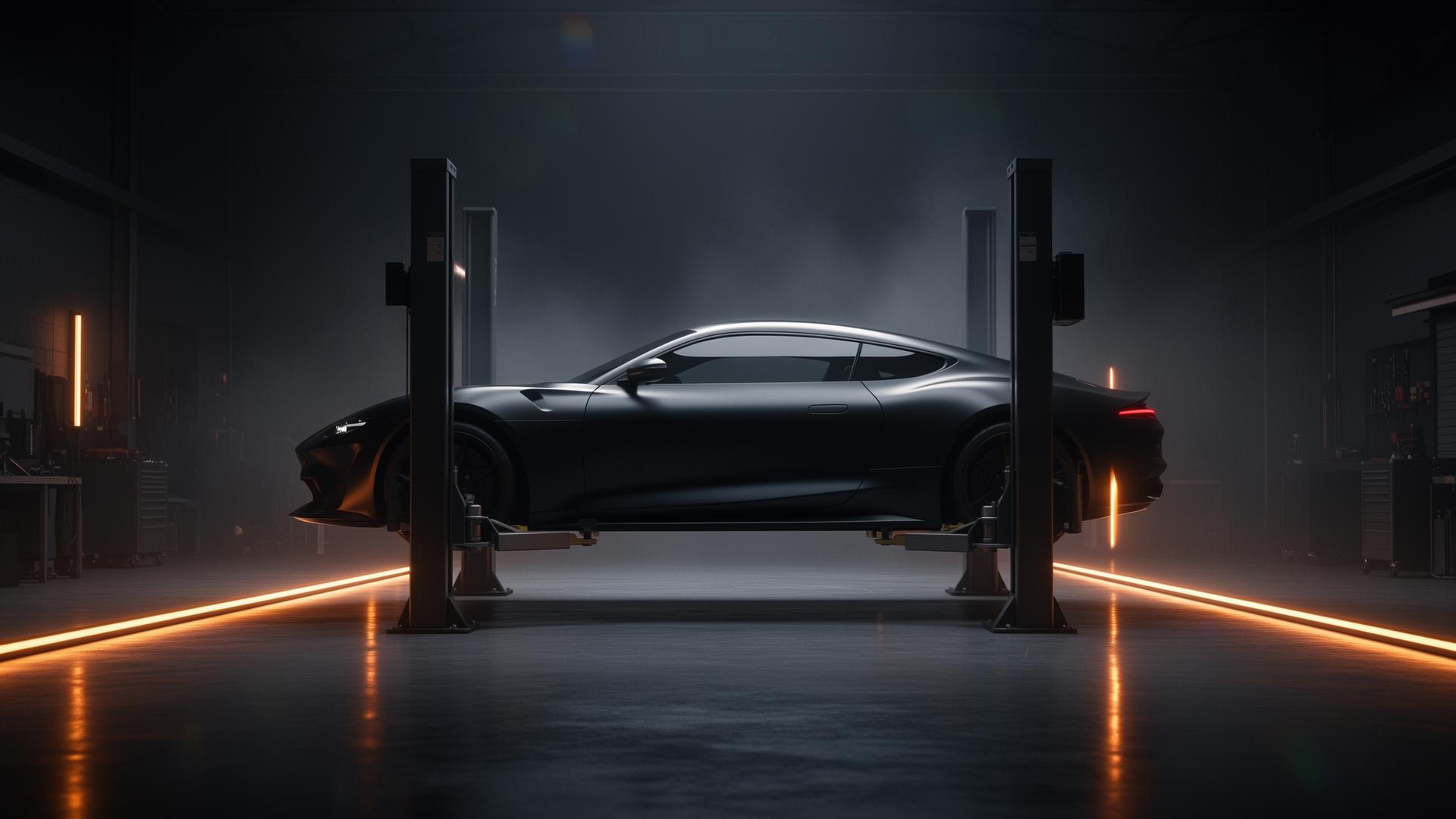 Sportowe auto na podnośniku w ciemnym warsztacie Auto Lift 24
